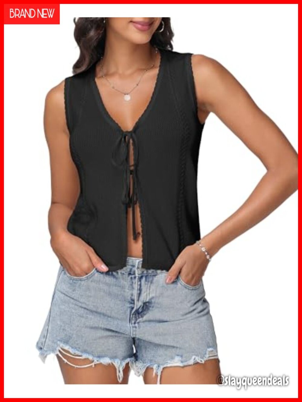 Women Tie Front Sleeveless Crochet Sweater Vest Striped Y2K V-Neck